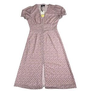 Kourt Women V Neck Short Sleeves Printed Midi Dress, Pink Floral Size Large